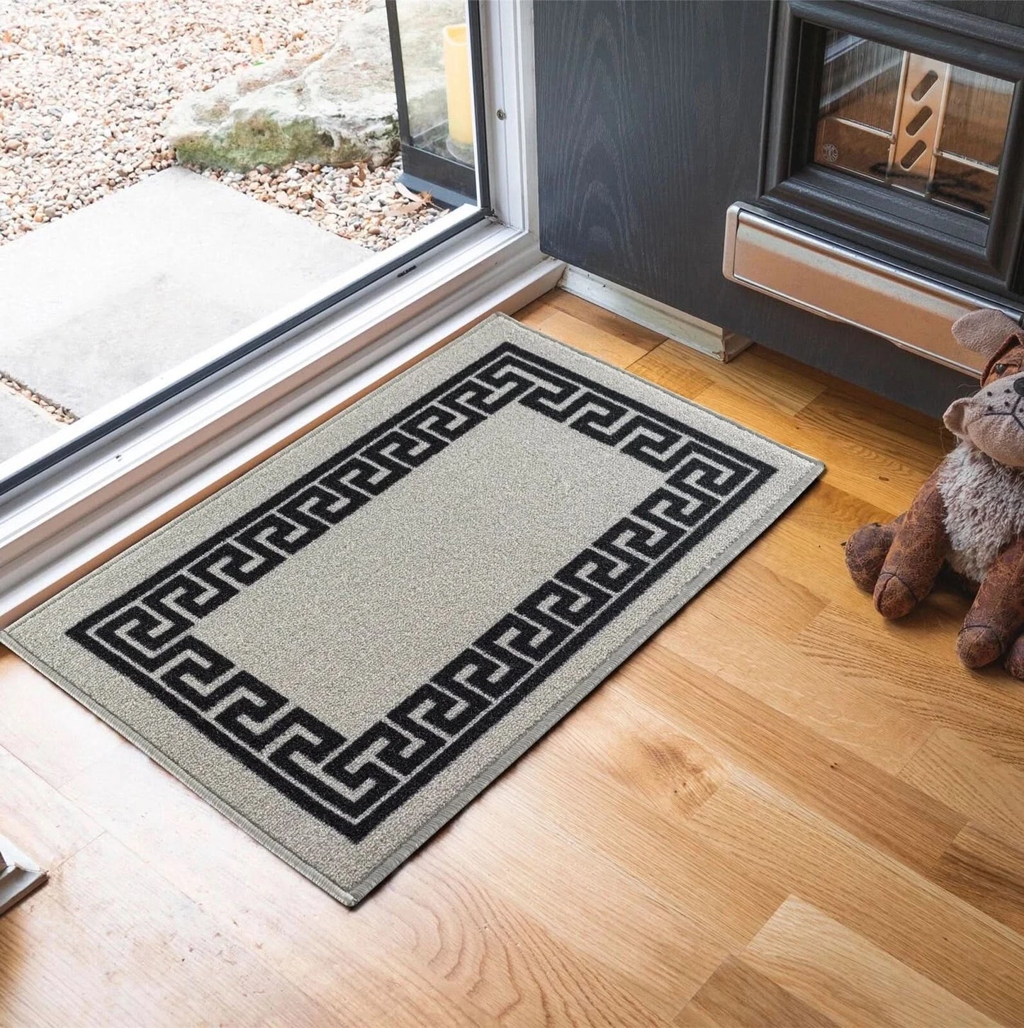 Door mat Washable Non Slip Greek Key Kitchen & Hall Runners Grey - Black