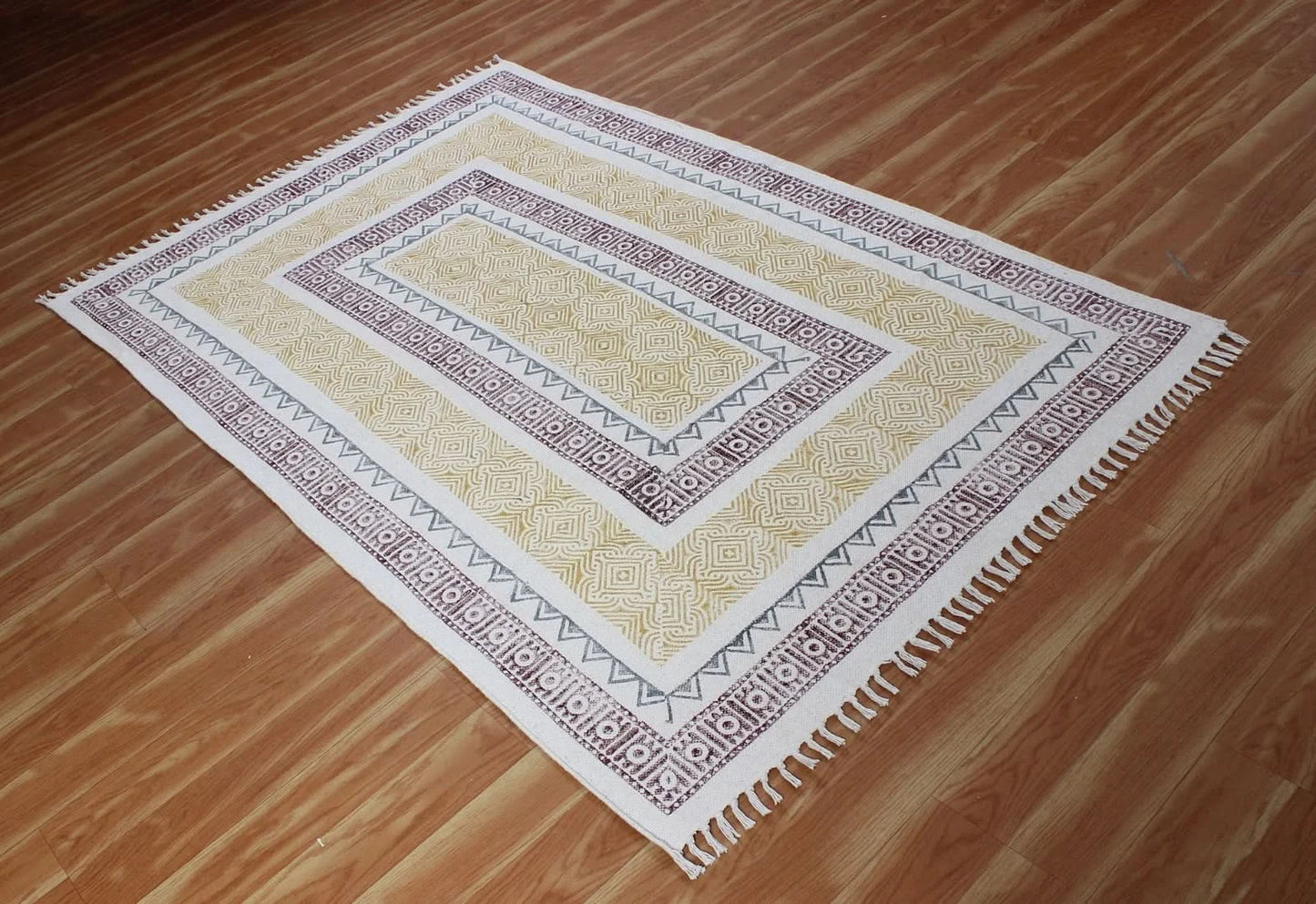Yellow Indigo Cotton Block Print Accent Area Dhurrie Rug Doormat Kitchen Mat 3x5