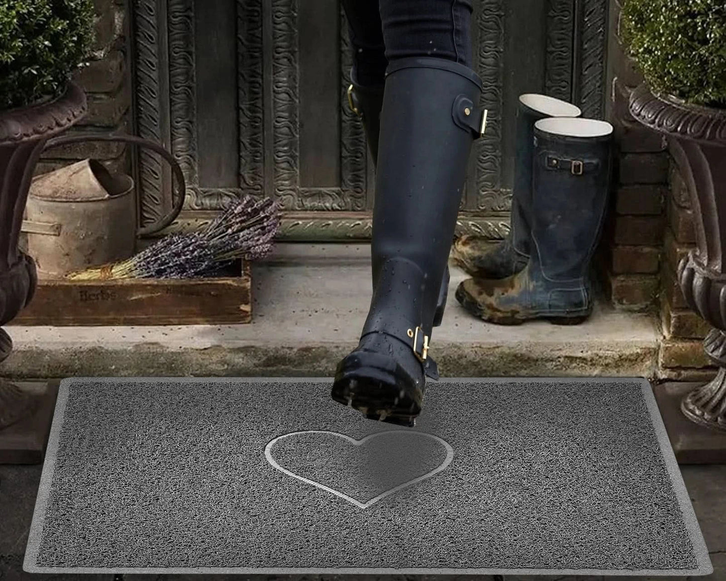 Indoor or Outdoor Door Mat Home Heart Logo Spaghetti Coil Doormat in Dark Grey