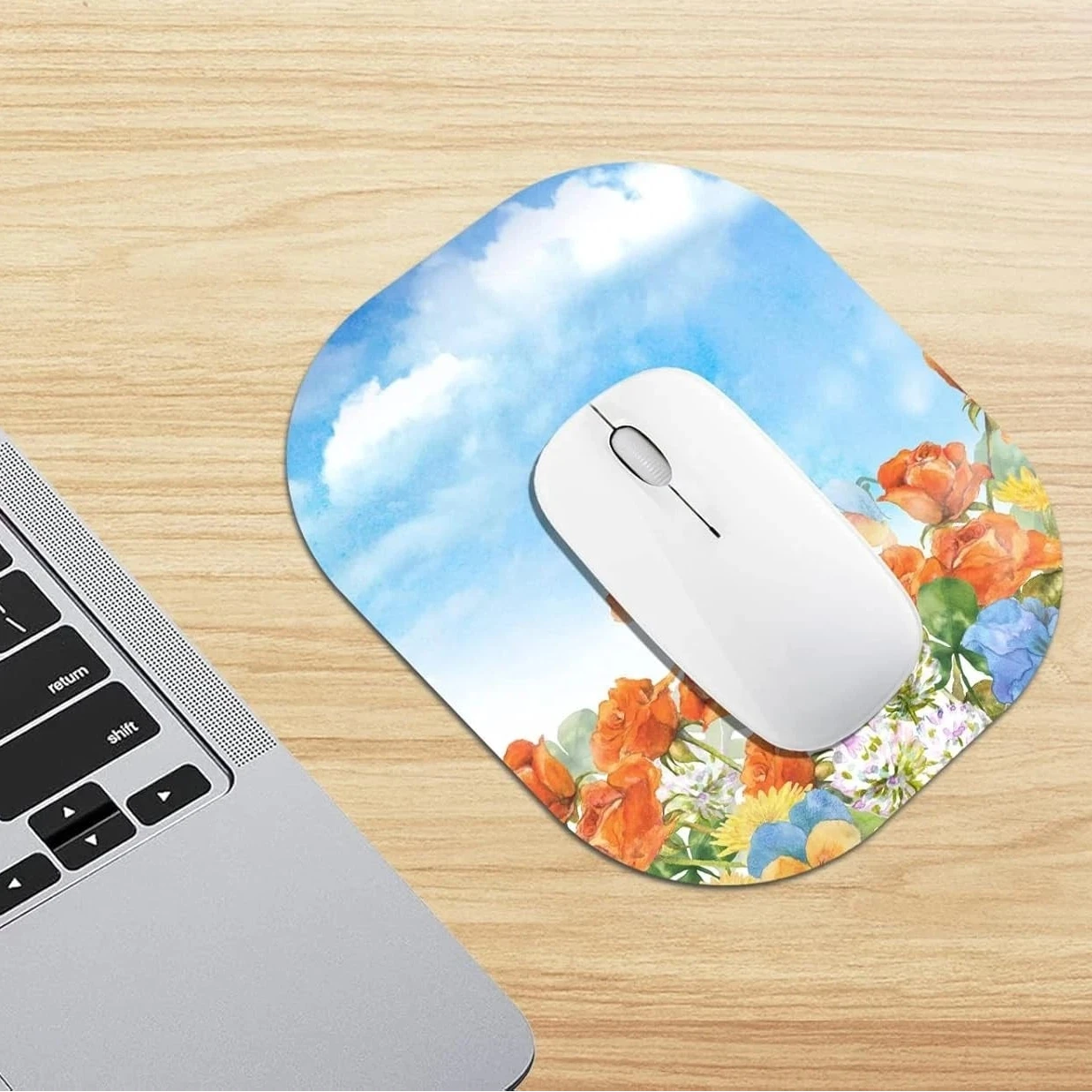 Elegant Mini Mouse Pad 6x7 inches with Non-Slip Base - Blue Floral Design