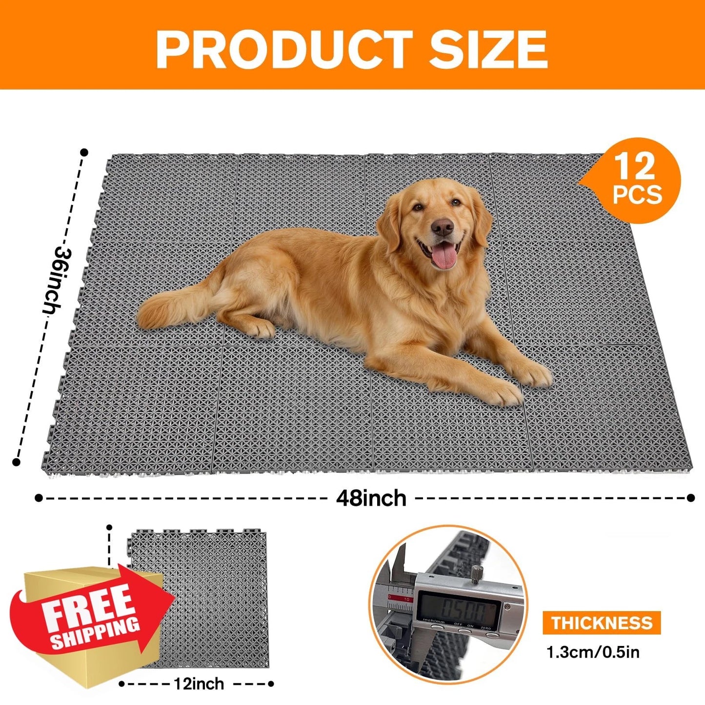 Bhyhok 12Pcs Grey Dog Kennel Flooring Interlocking Drainage