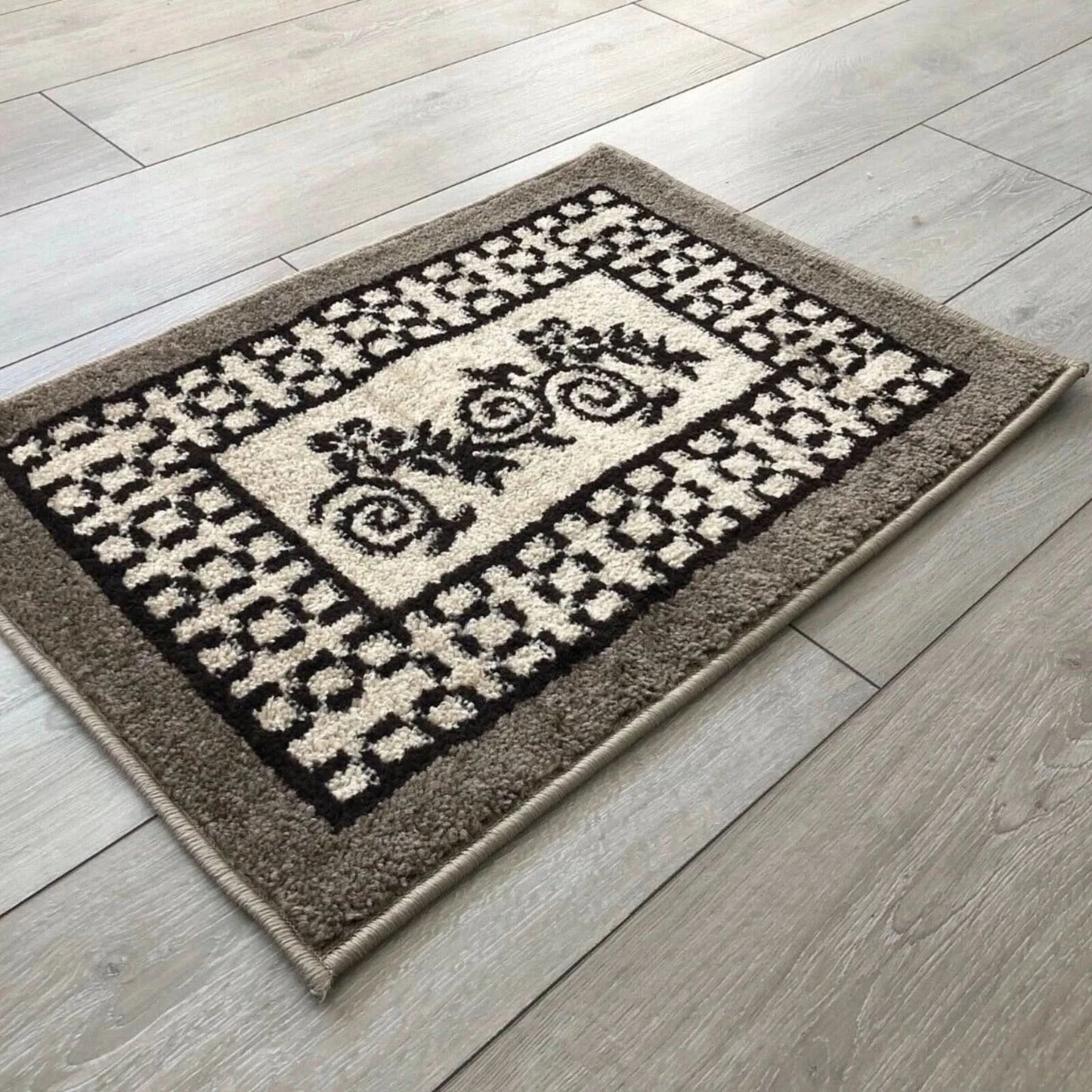 Machine Washable Non Slip Floral Design Doormat Mat Biscuit Dark Beige Brown Rug