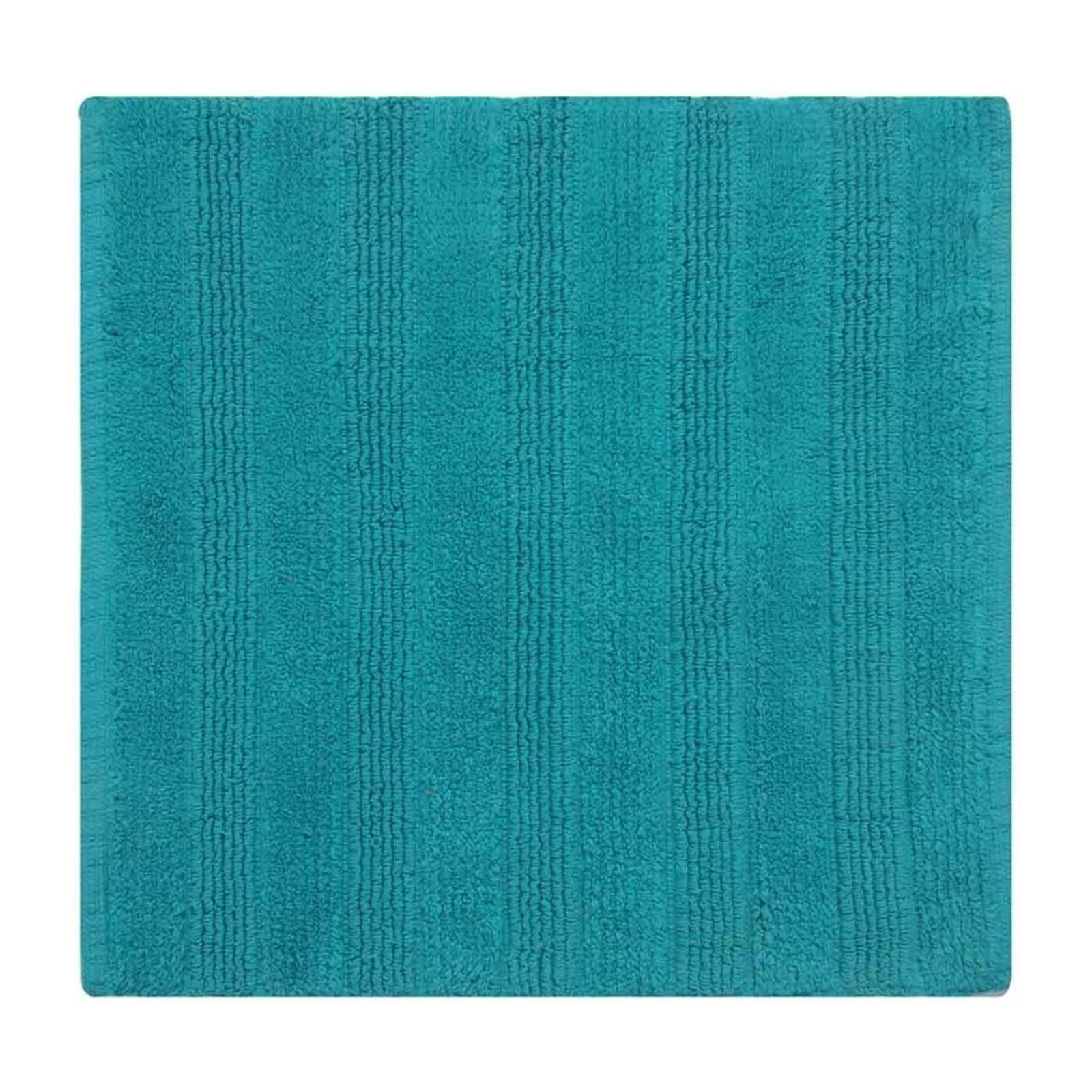 Handloomed Teal Striped Cotton Rug, Bath Mat for All Rooms & Wet Areas