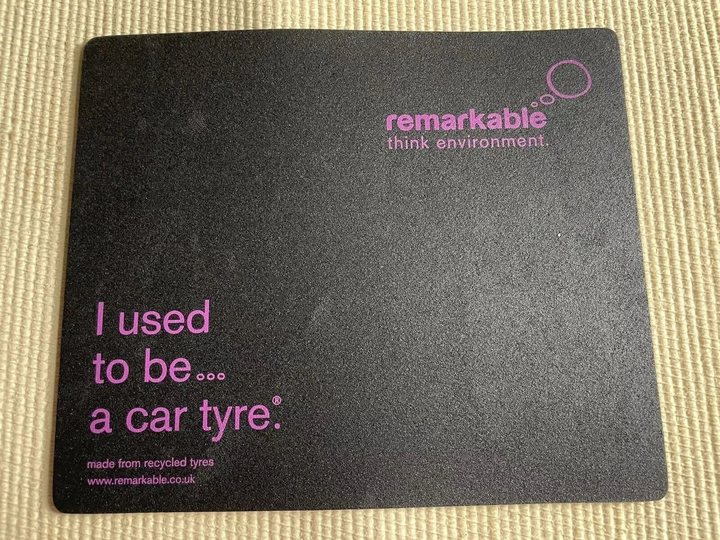 Recycled Tyre Mouse Mat Black With Purple Words Remarkable Environment Upcycled