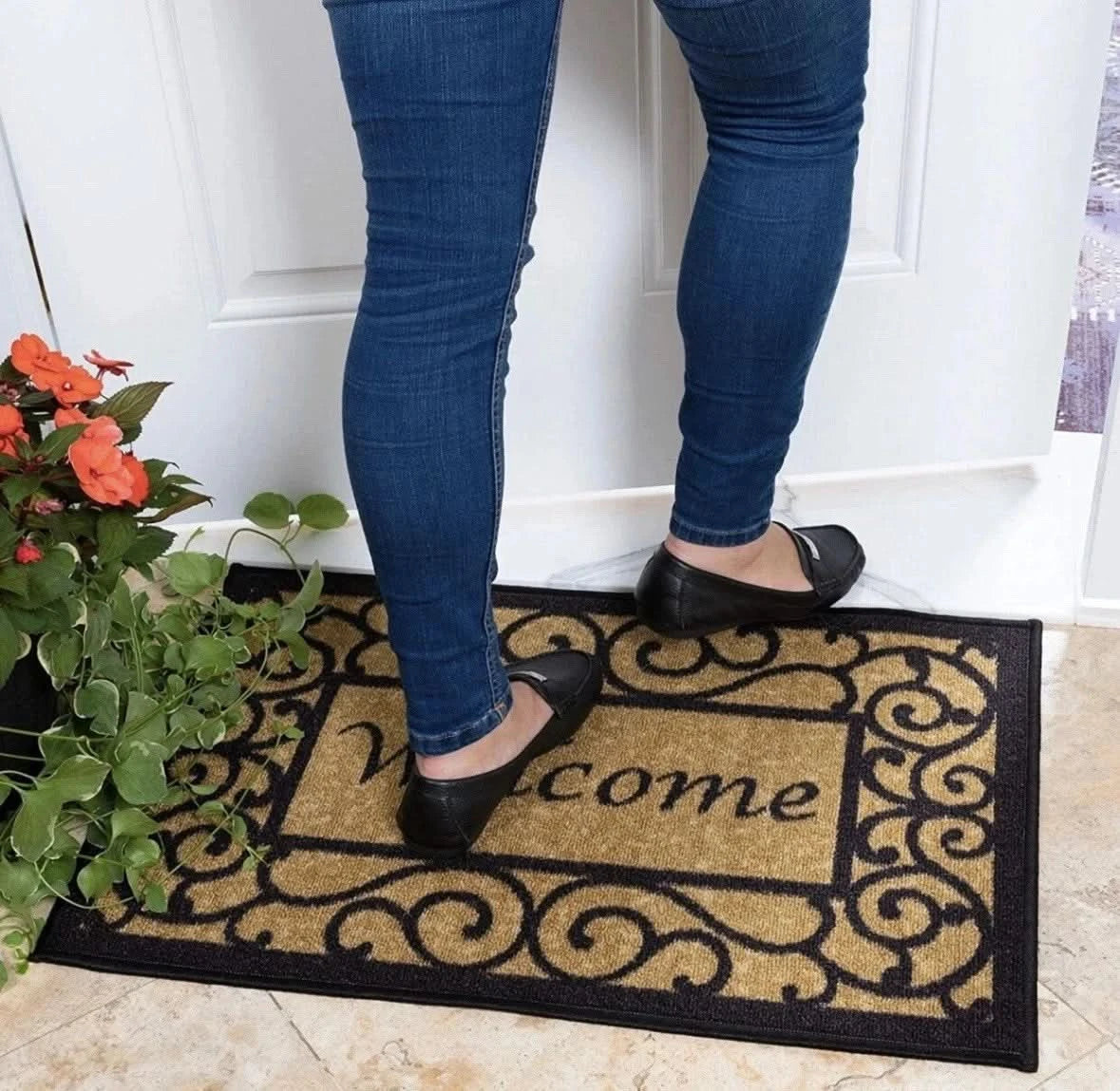 Ottomanson Rubber Back Doormat Collection, Floral Bordered Design,welcome51x76cm