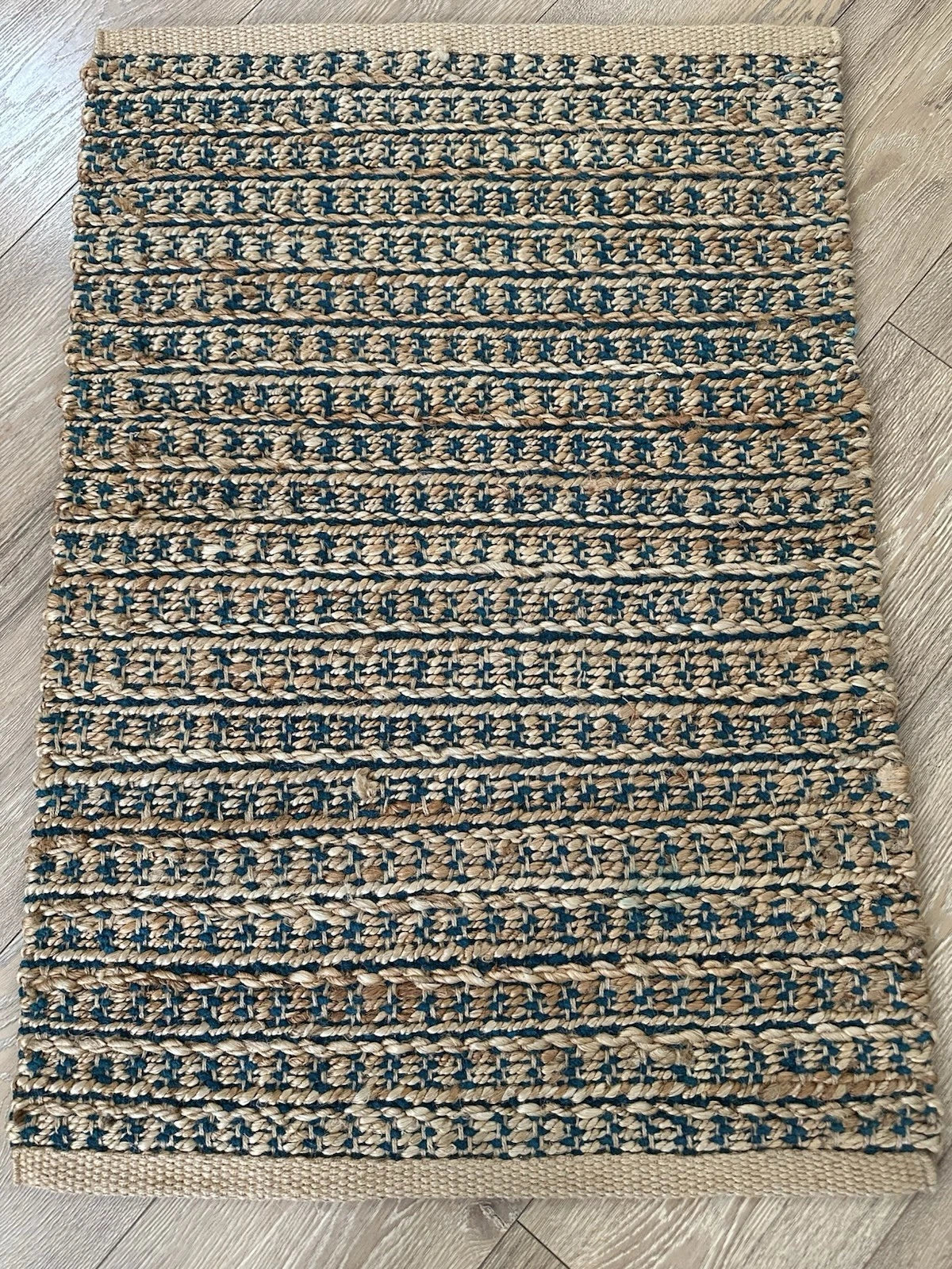Hand Woven Natural Jute Rug 35 x 24 Inch Teal Blue Accent Eco Boho Area Rug Mat