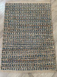 Hand Woven Natural Jute Rug 35 x 24 Inch Teal Blue Accent Eco Boho Area Rug Mat