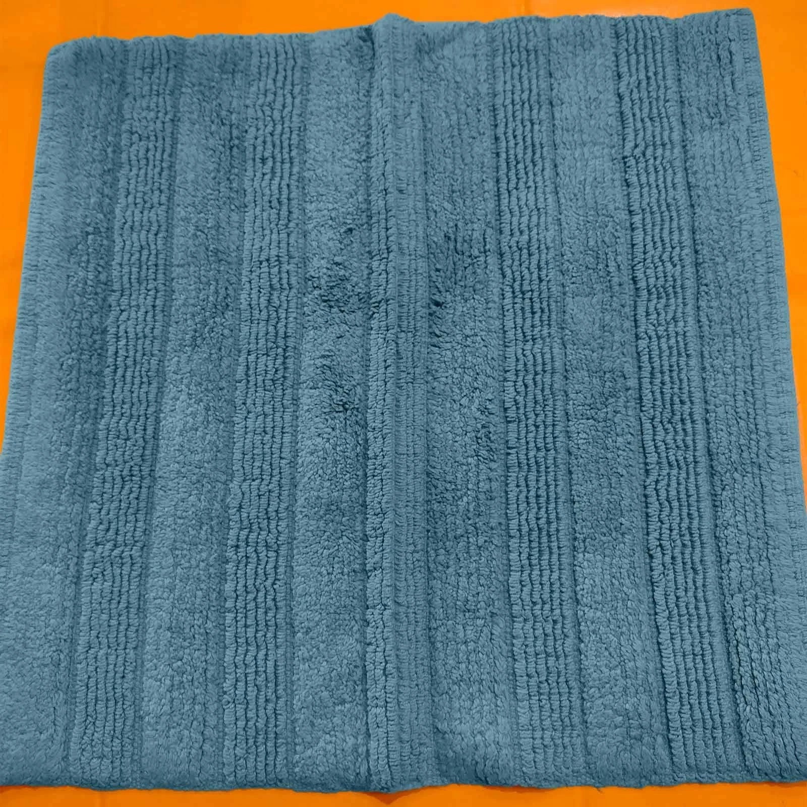 Handloomed Teal Striped Cotton Rug, Bath Mat for All Rooms & Wet Areas