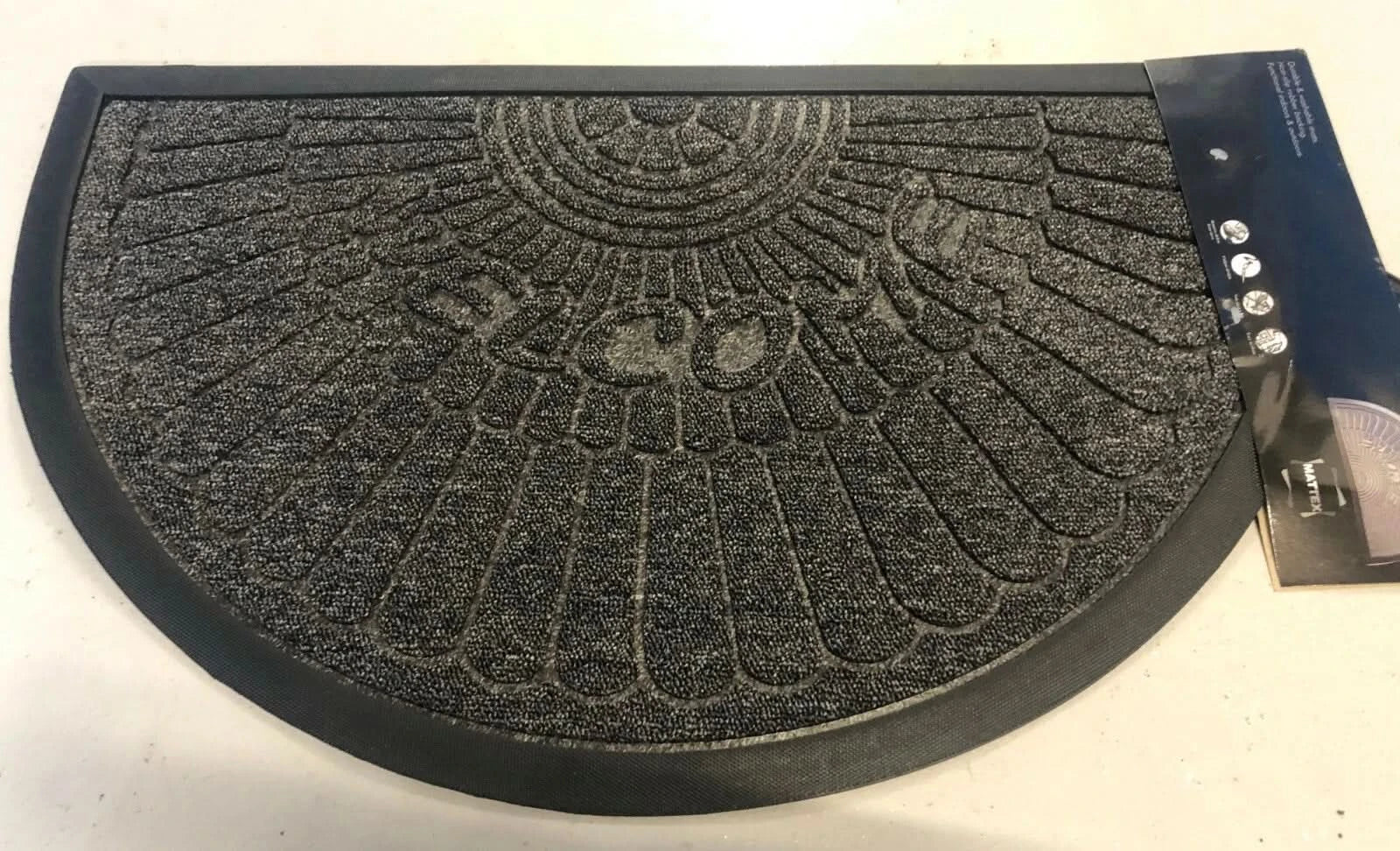 NON SLIP RUBBER 45CMX75CM WELCOME HALFMOON OUTSIDE/INSIDE DOORMATS BLACK/GREY