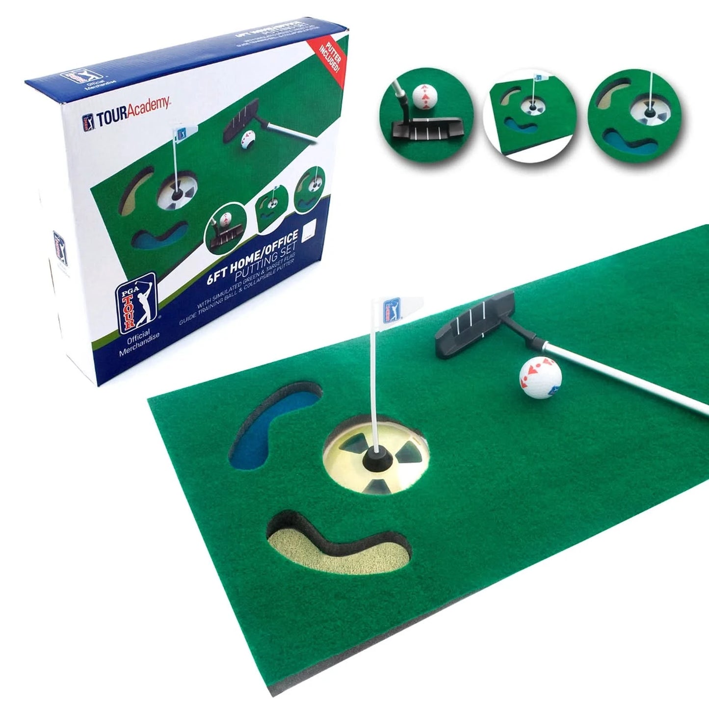 PGA TOUR 6ft Golf Putting Set Practice Mat Inc Putter & Guide Ball With Putter