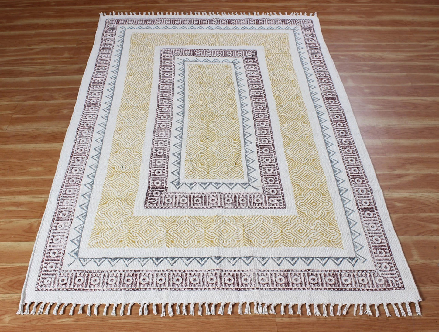 Yellow Indigo Cotton Block Print Accent Area Dhurrie Rug Doormat Kitchen Mat 3x5