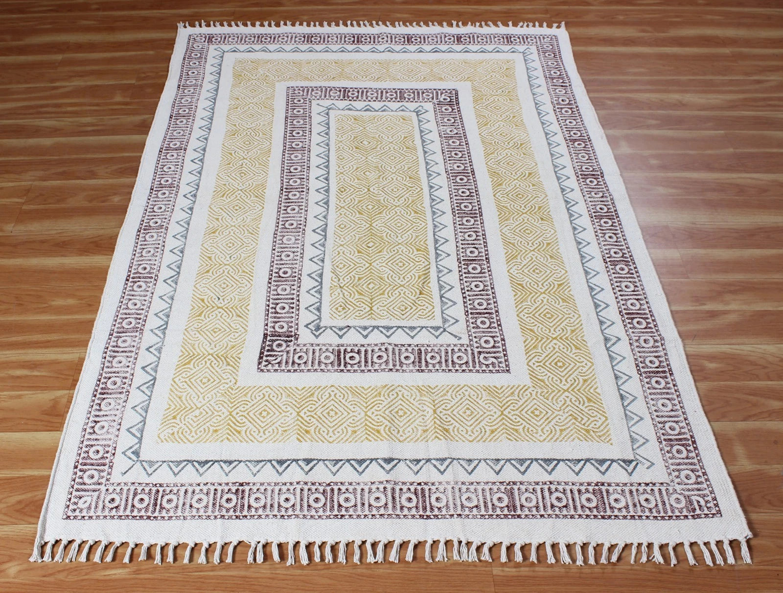 Yellow Indigo Cotton Block Print Accent Area Dhurrie Rug Doormat Kitchen Mat 3x5