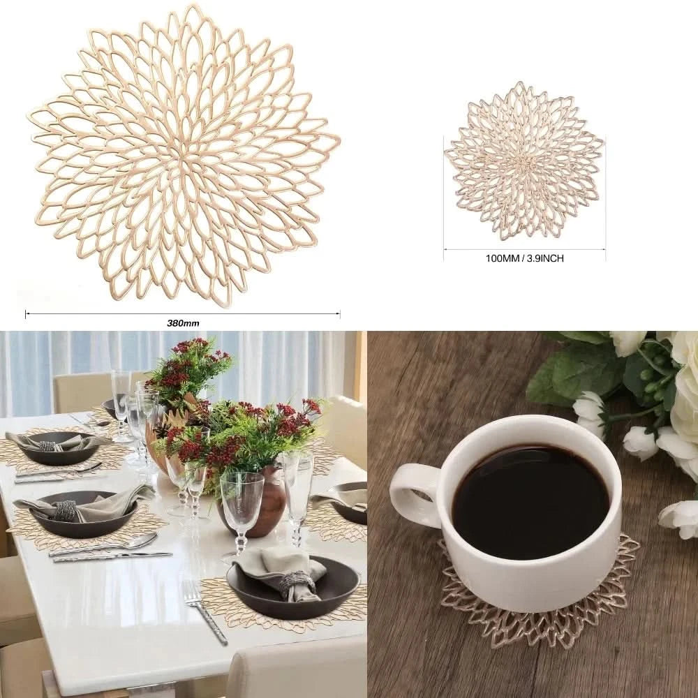 Set of 4 Metallic Vinyl Placemats Round Leaf Design Dining Table Heat Mat