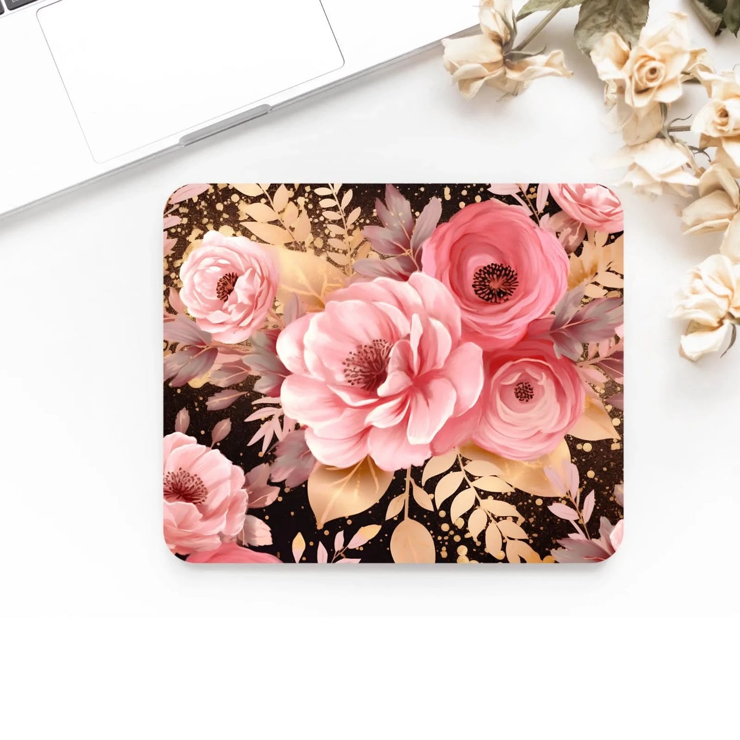 Printed Pink and Gold Floral design Anti - Slip desk mouse mat. Laptop, Office
