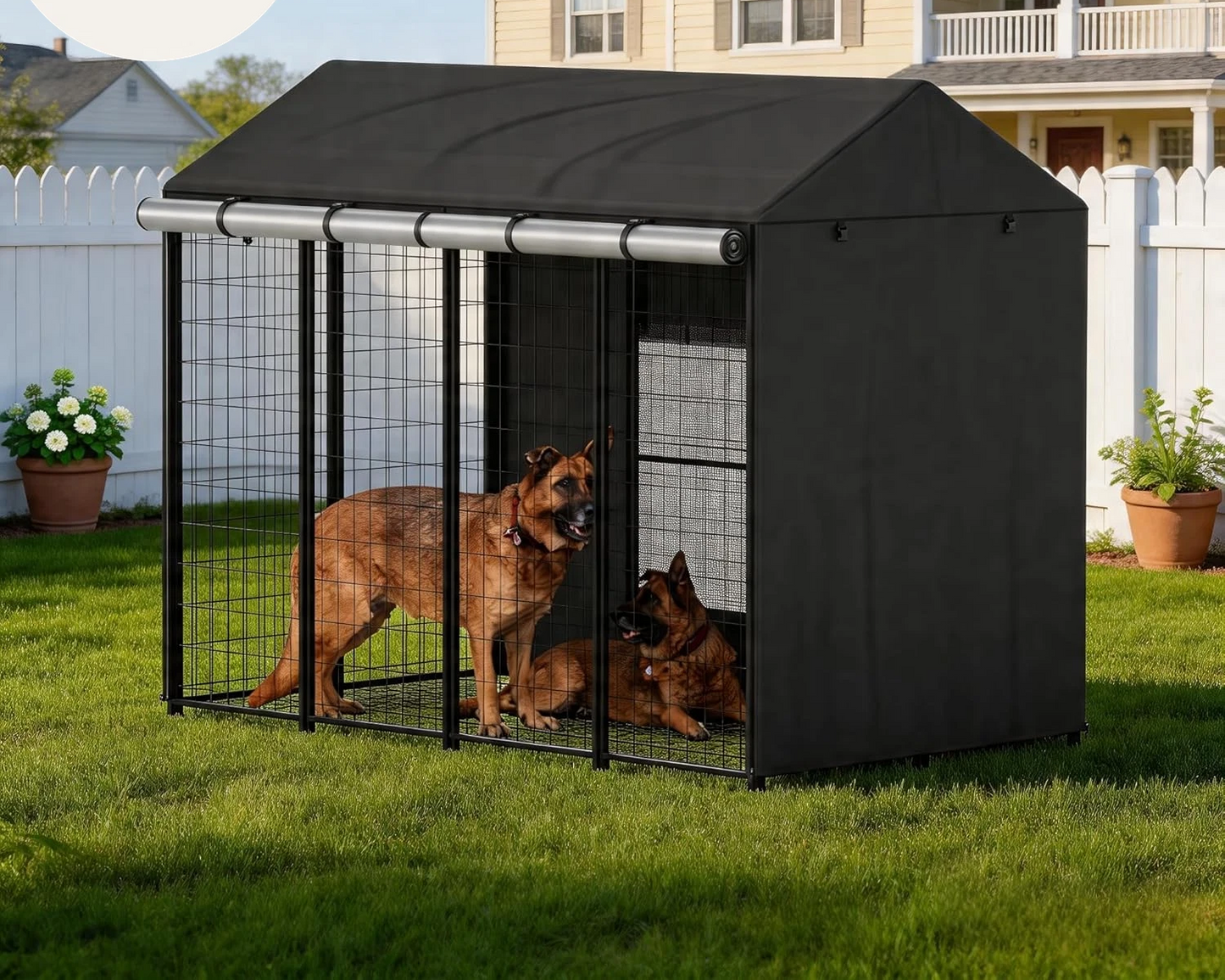 Covered Dog Kennel Outdoor, 4.2'Dx4.3'Wx4.5'H Cages Black Full Coverage with Tra