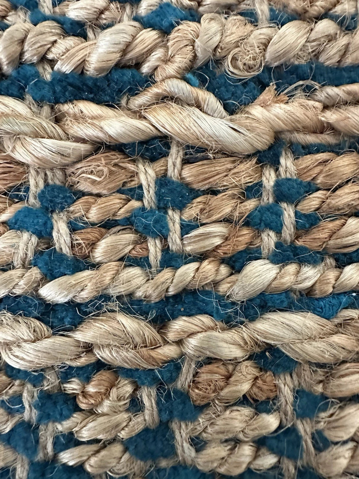 Hand Woven Natural Jute Rug 35 x 24 Inch Teal Blue Accent Eco Boho Area Rug Mat