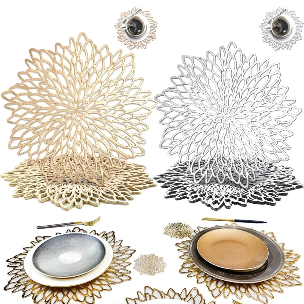 Set of 4 Metallic Vinyl Placemats Round Leaf Design Dining Table Heat Mat