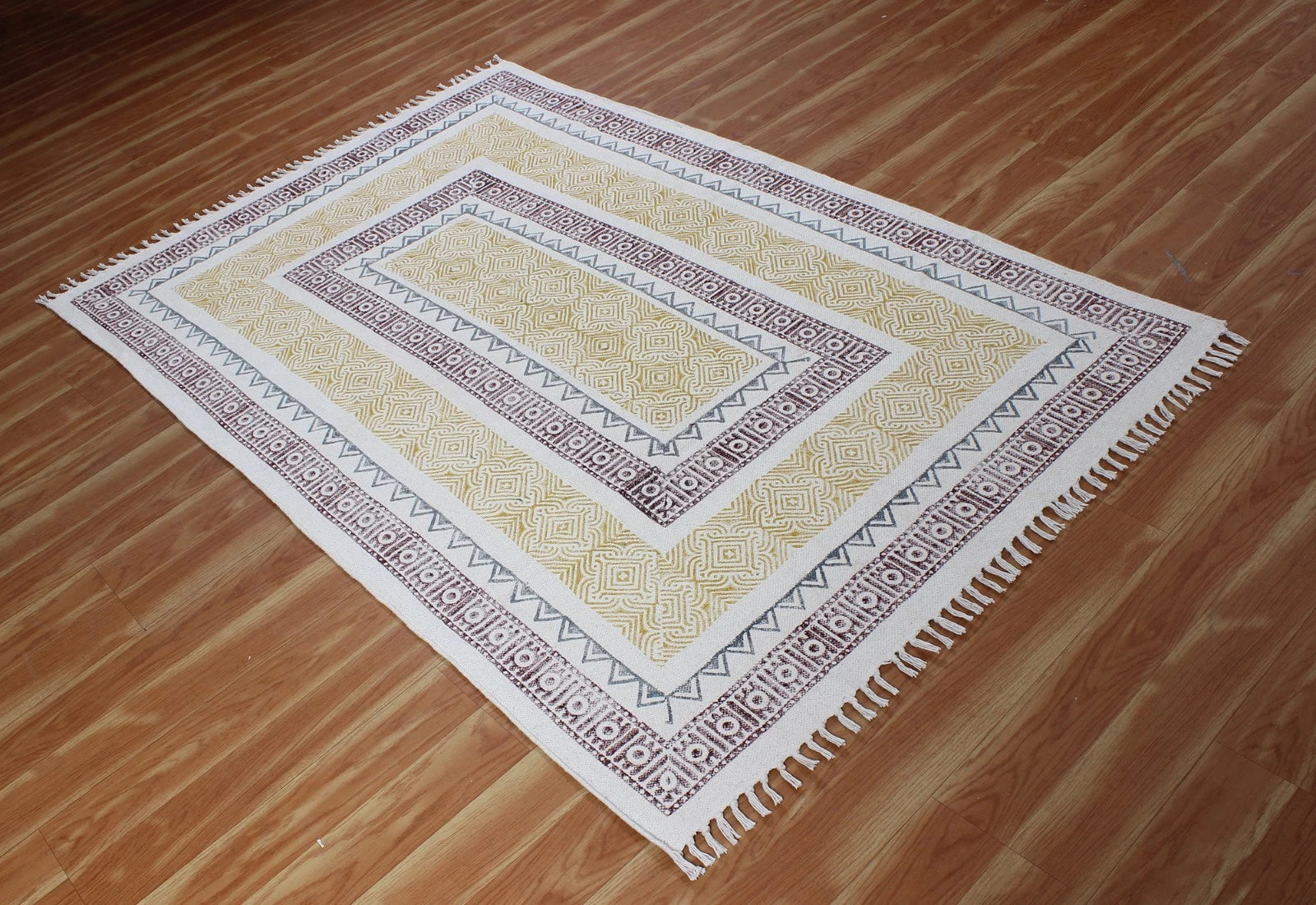 Yellow Indigo Cotton Block Print Accent Area Dhurrie Rug Doormat Kitchen Mat 3x5