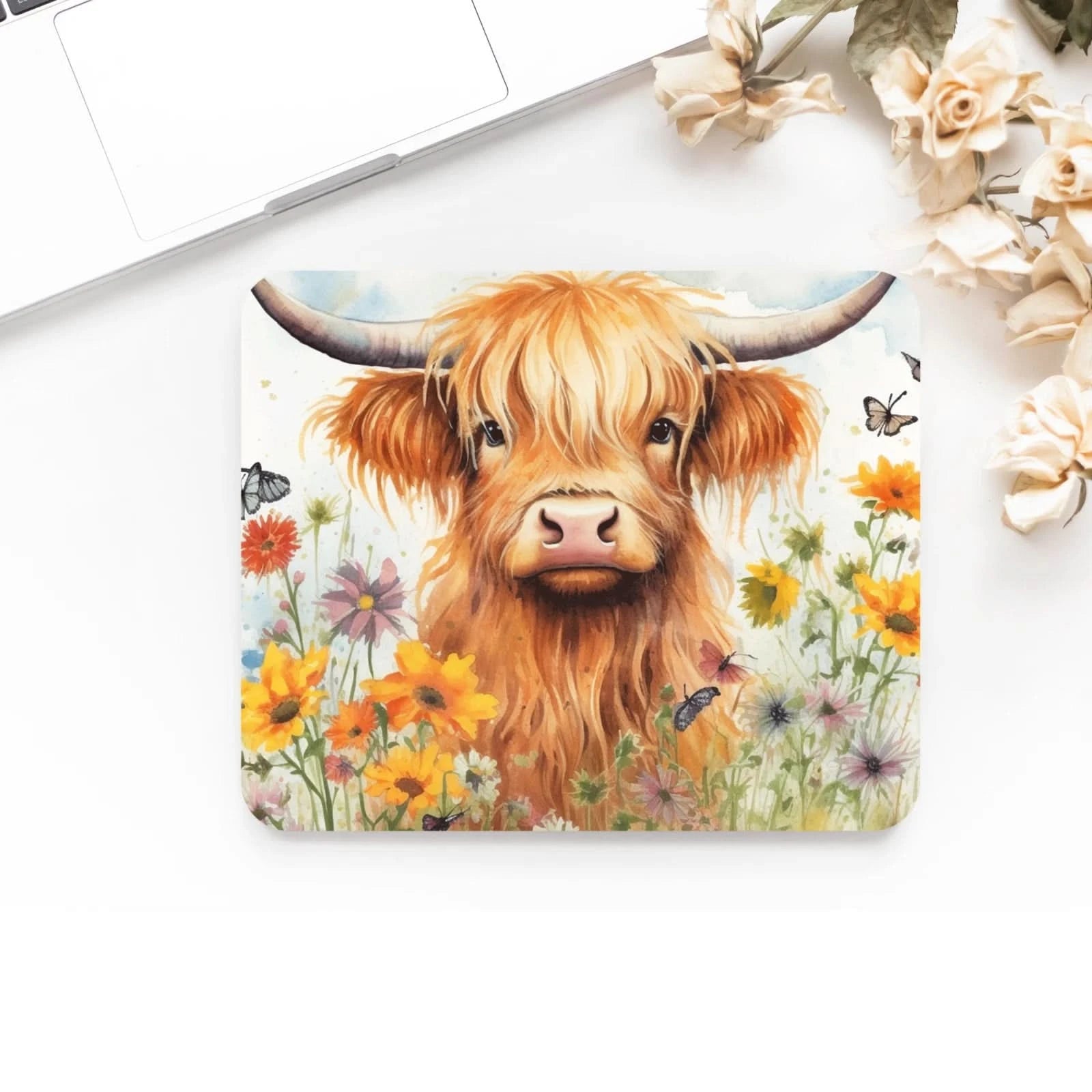 Premium Printed Anti-Slip Mouse Mat - Ultra Durable Floral Highland Cow design