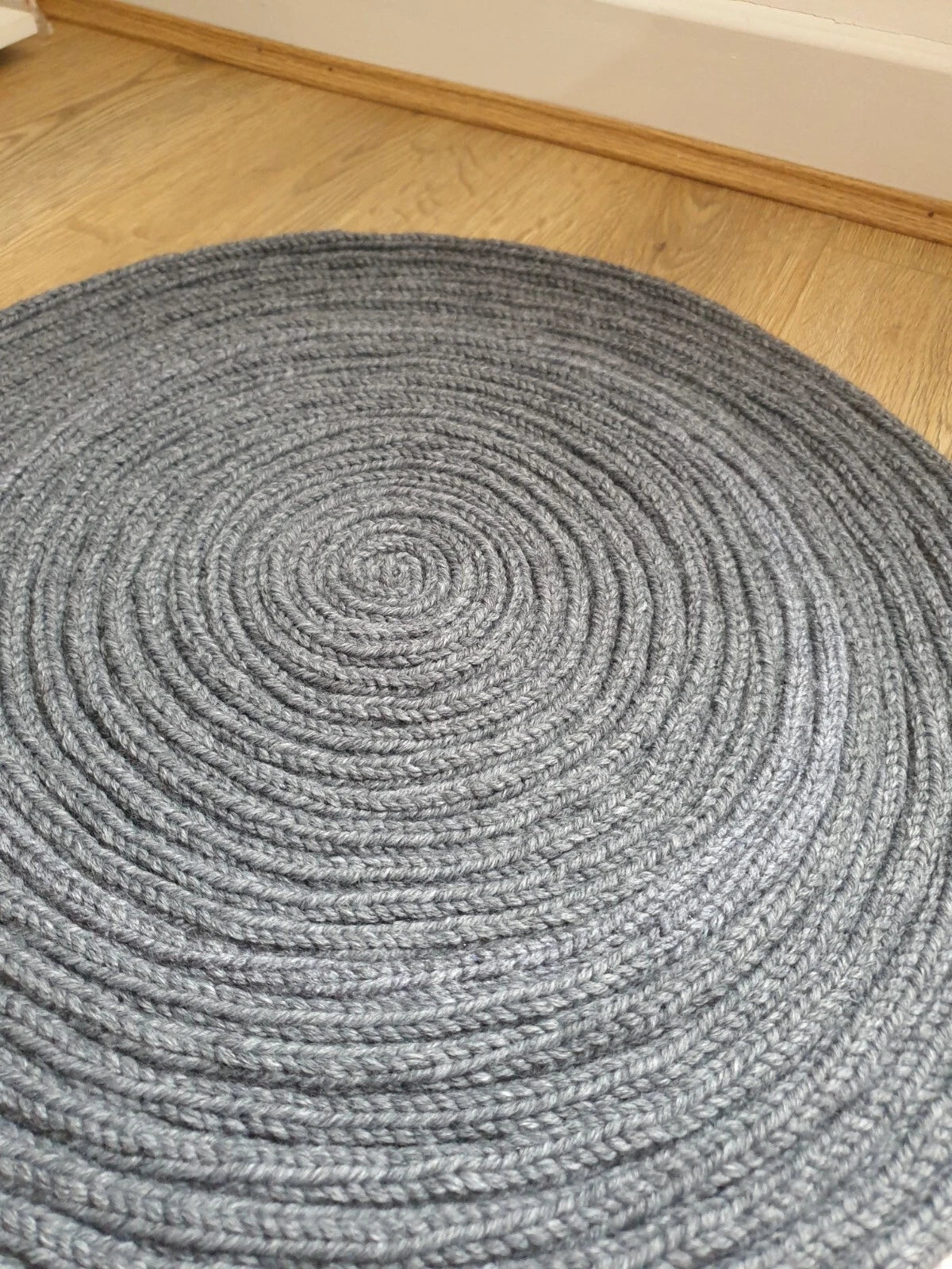 Hand-Knit Charcoal Grey Chunky Textured Swirl Boho Circular Small Rug/Mat