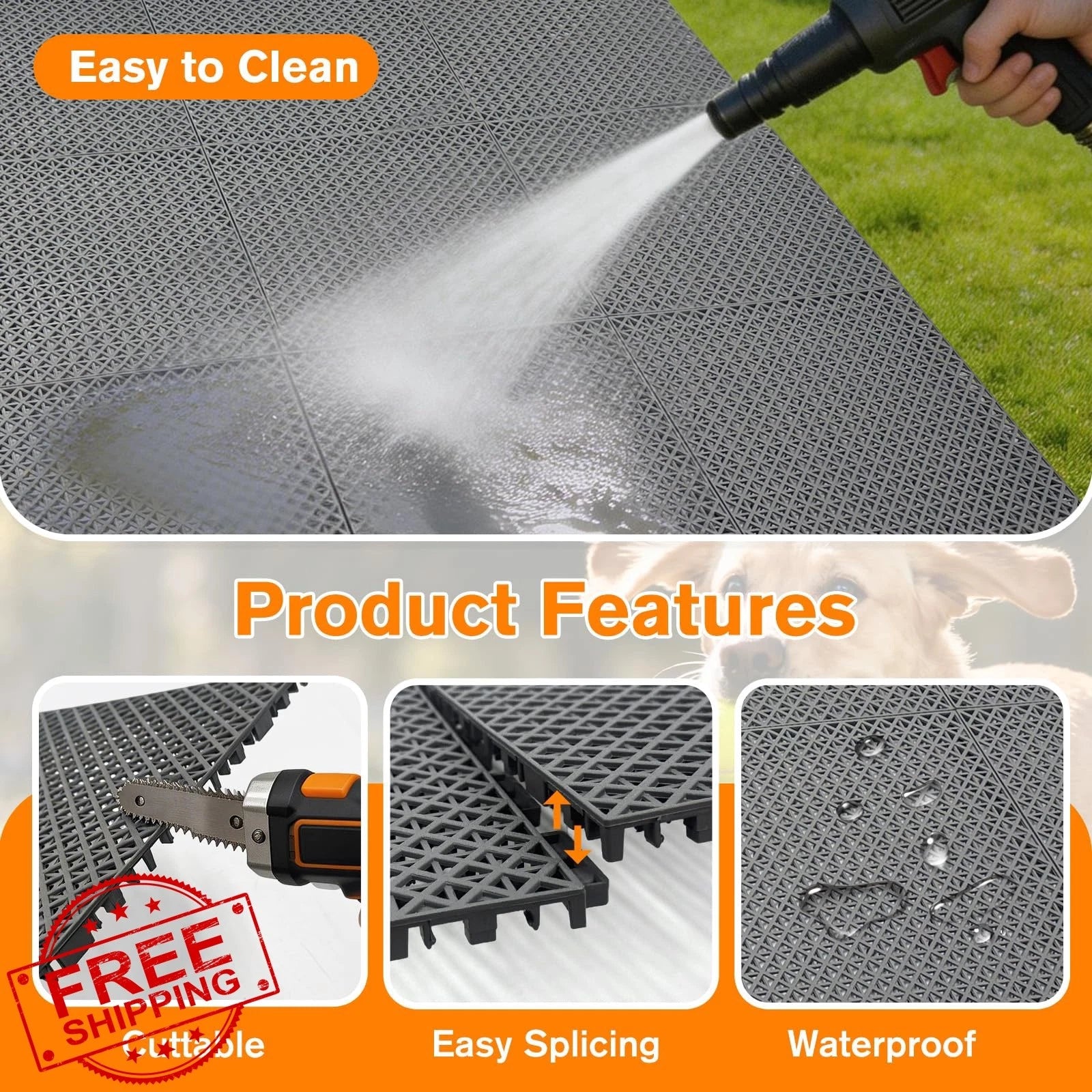 Bhyhok 12Pcs Grey Dog Kennel Flooring Interlocking Drainage