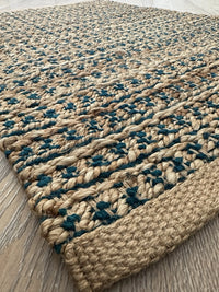 Hand Woven Natural Jute Rug 35 x 24 Inch Teal Blue Accent Eco Boho Area Rug Mat