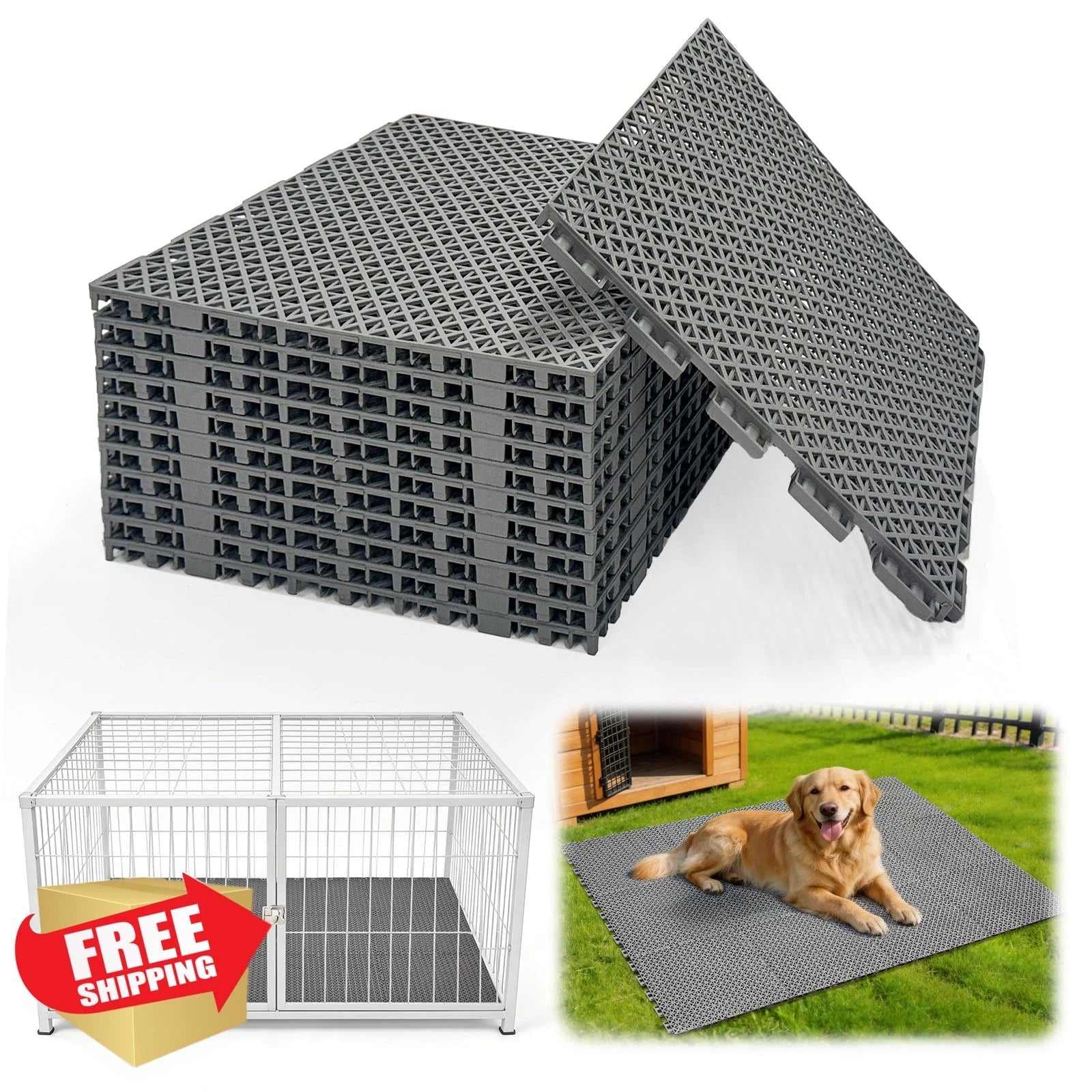 Bhyhok 12Pcs Grey Dog Kennel Flooring Interlocking Drainage