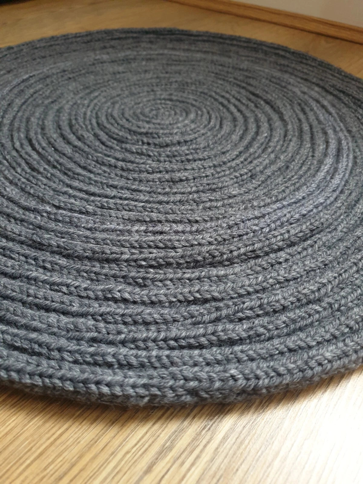Hand-Knit Charcoal Grey Chunky Textured Swirl Boho Circular Small Rug/Mat