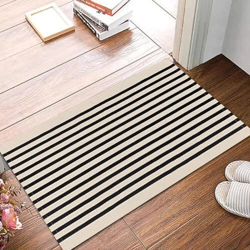 Black and Striped Porch Rug 2x3 Ft Small Area Rug Cotton Outdoor 2'x3' Beige